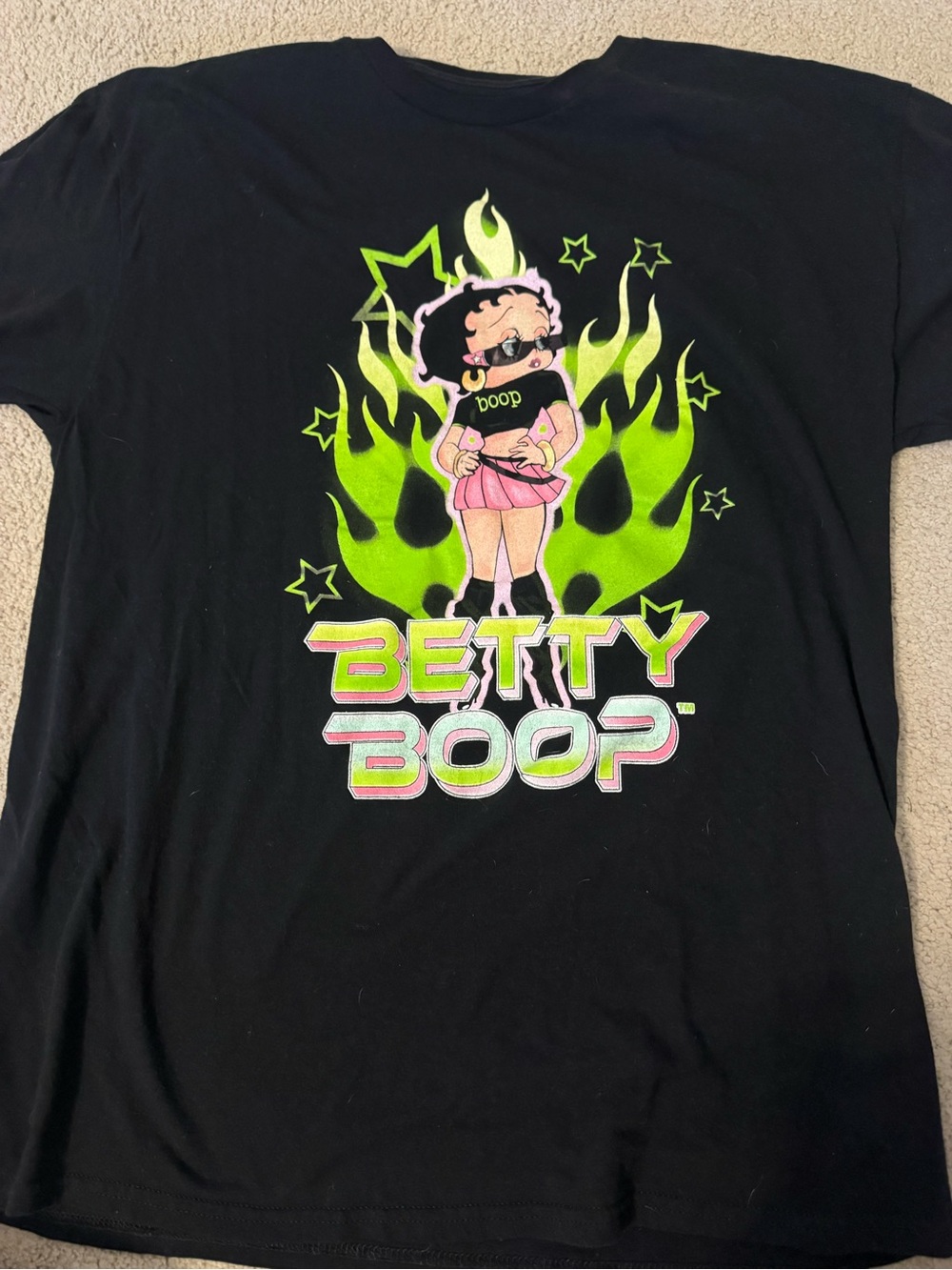 Betty Boop Black Tee with Neon Green Flames & Pink Accents